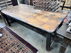 A 19th century rectangular pine planked top kitchen table, length 206cm, width 102cm, height 71cm