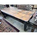 A 19th century rectangular pine planked top kitchen table, length 206cm, width 102cm, height 71cm