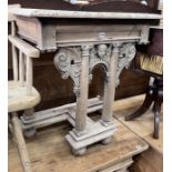 A limed carved pine table end, the top with a cut recess, width 78cm, depth 46cm, height 79cm