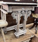 A limed carved pine table end, the top with a cut recess, width 78cm, depth 46cm, height 79cm