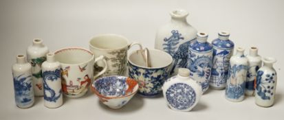 A group of Chinese porcelain snuff bottles and other export Chinese porcelain, an English