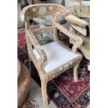 A Regency style faux mother of pearl inlaid elbow chair, width 56cm, height 89cm