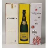 Three bottles of boxed champagne: Special Cuvee Brut Bollinger, Tattinger and Heidsieck and Co