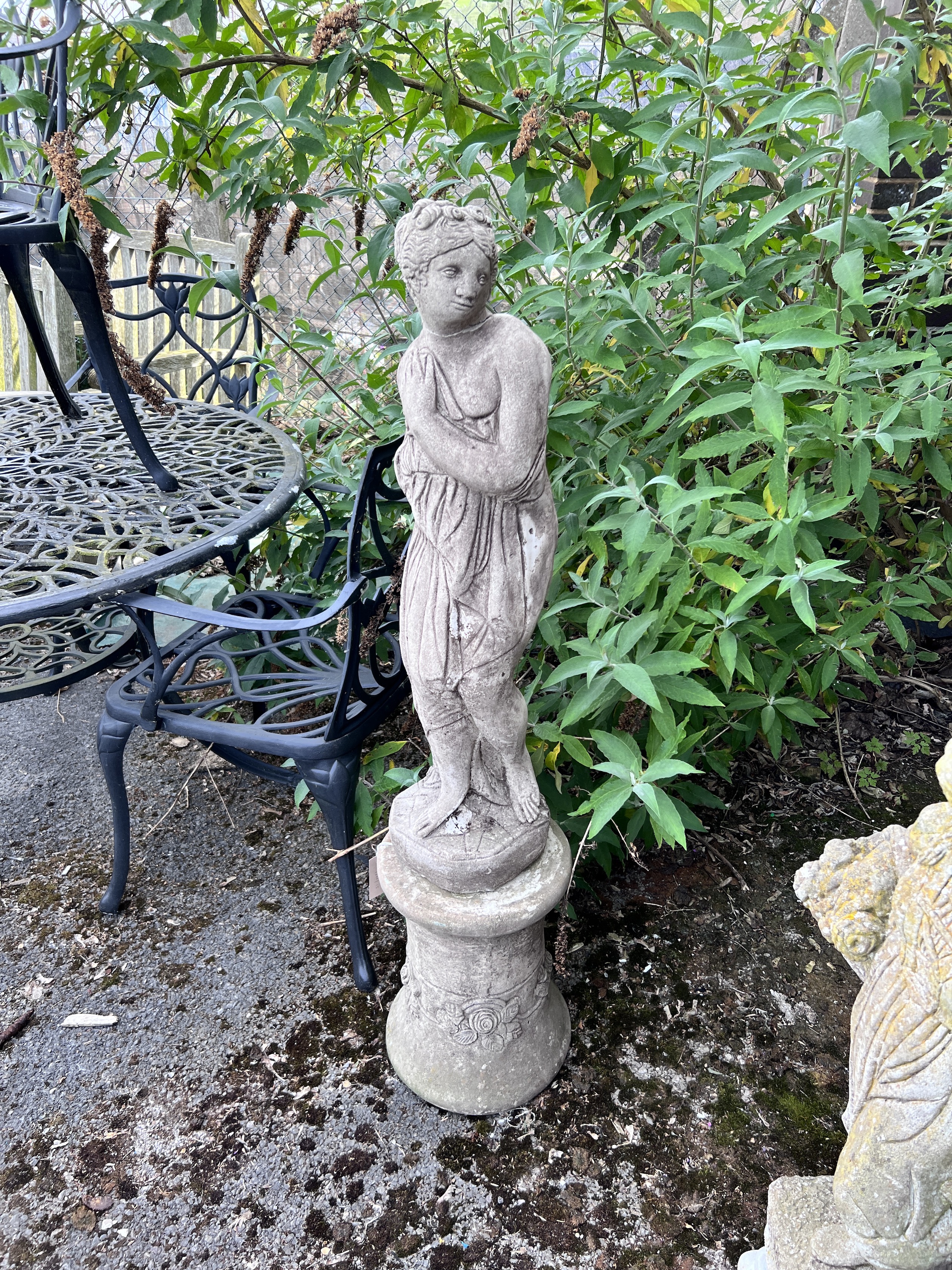 A reconstituted stone classical garden figure of a girl, on pedestal base, height 121cm - Image 3 of 3