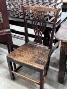 A set of four George III provincial fruitwood and oak wood seat dining chairs, width 49cm, depth