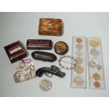 A quantity of collectors items including coins, a tortoiseshell veneered trinket box etc.