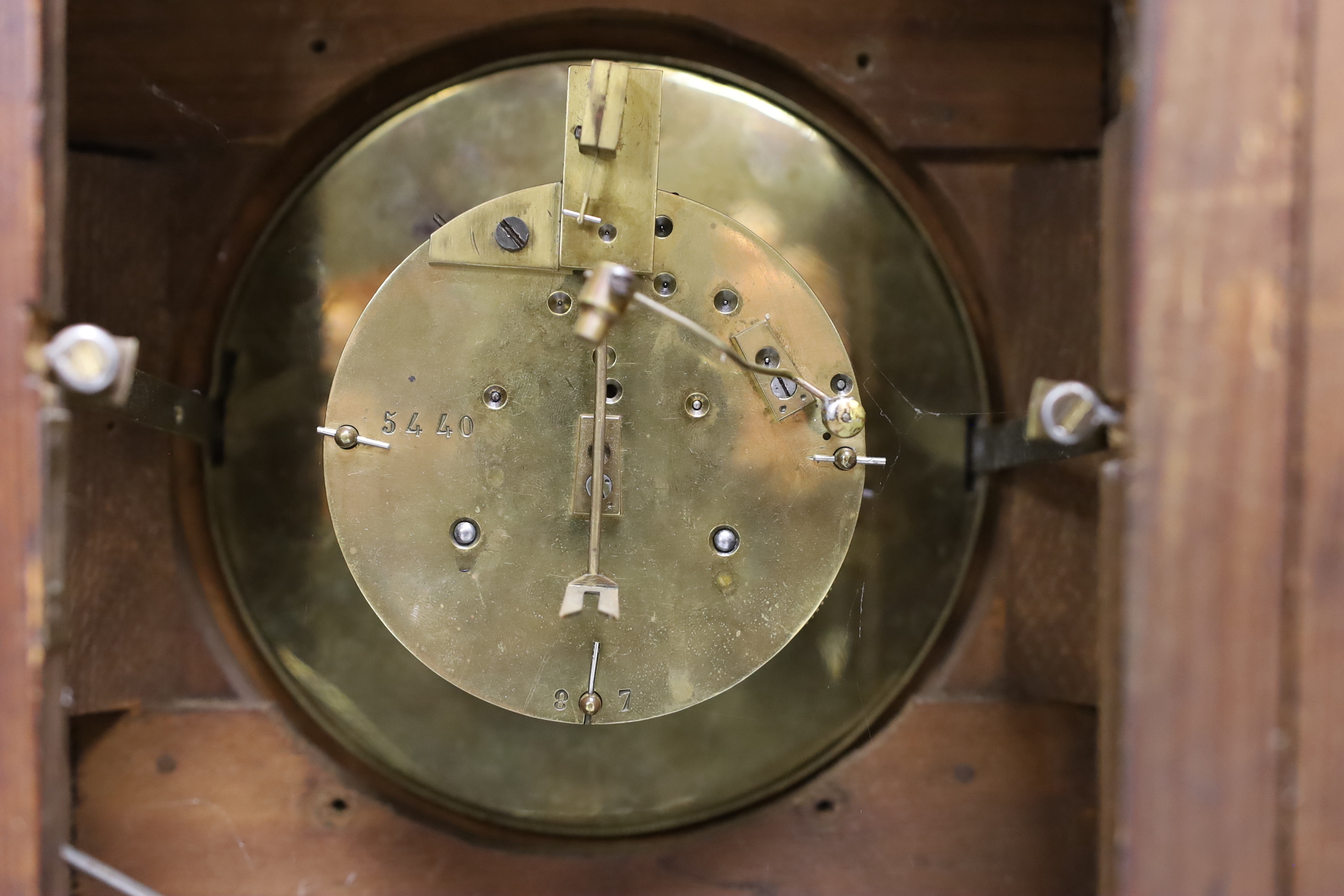 A late 19th century mahogany mantel clock with ebonised dial, 37cm - Image 3 of 3