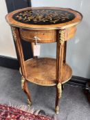 A Louis XVI style inlaid gilt metal mounted two tier table, width 47cm, depth 37cm, height 83cm