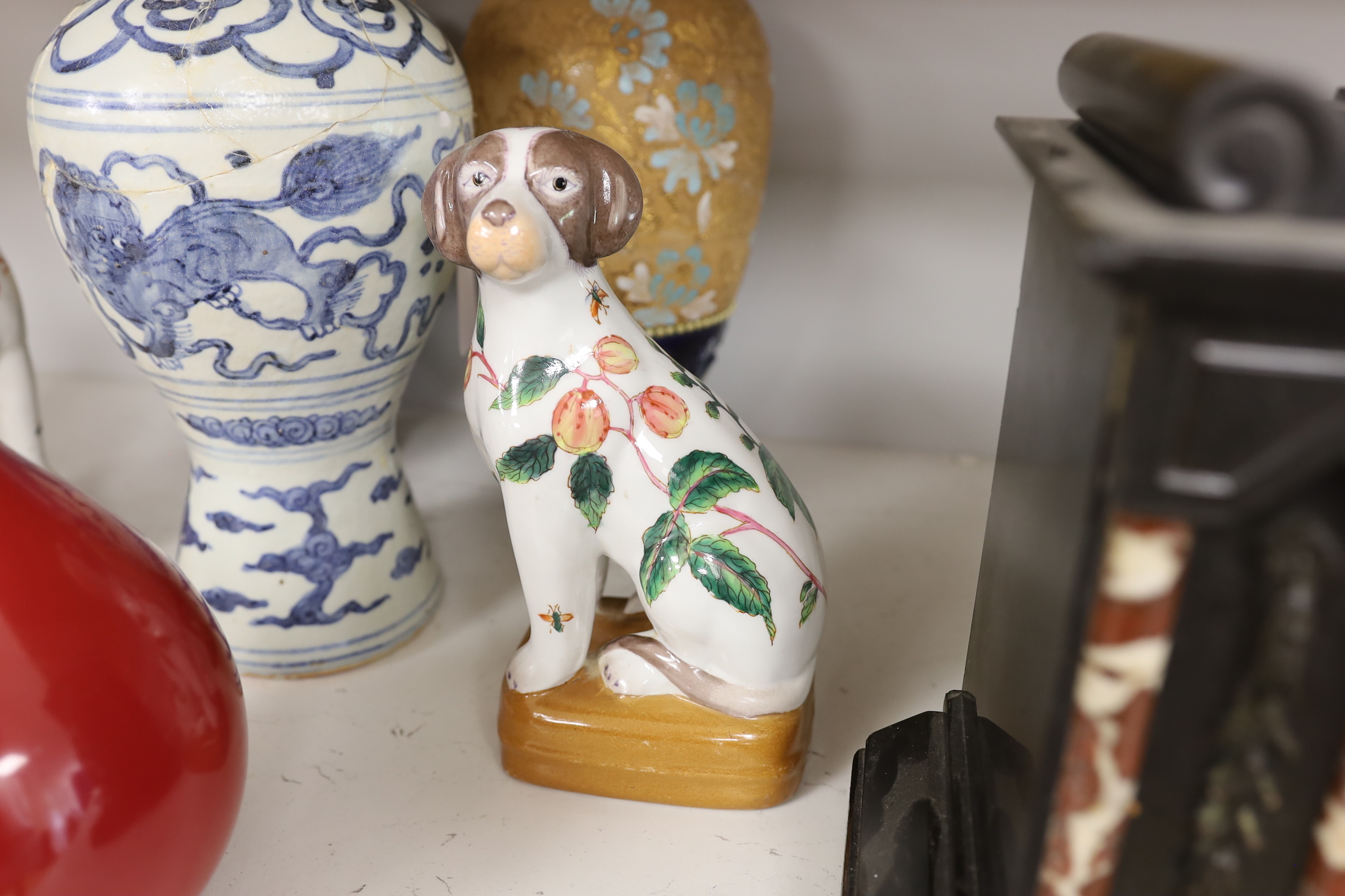 A Chinese blue and white Meiping, a copper red glaze vase and a pair of dog figures, tallest 30cm - Image 2 of 3
