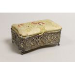 An Edwardian silver mounted fabric pin cushion/trinket box, Joseph Gloster Ltd, Birmingham, 1907,