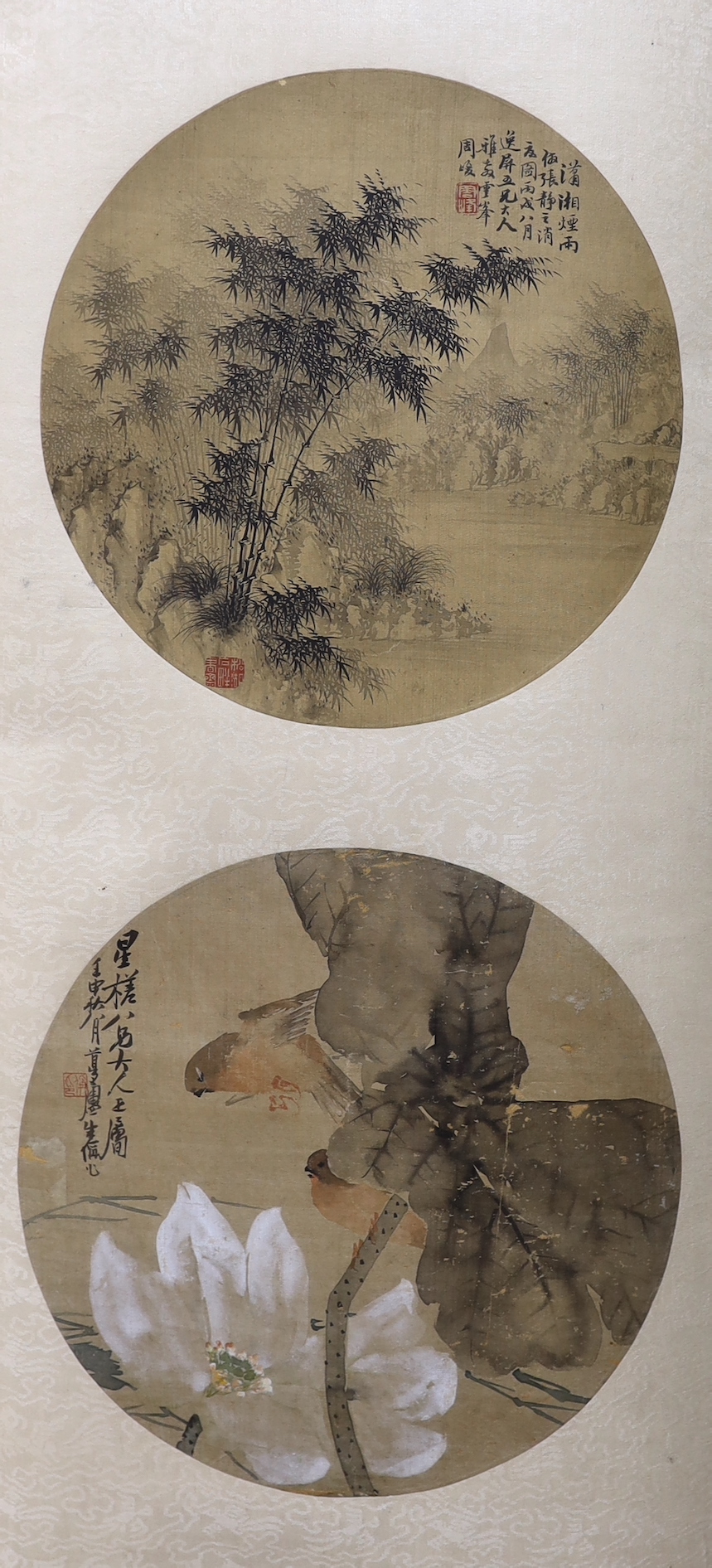 Two Chinese painted and inscribed fan panels on silk, late Qing dynasty, mounted on a scroll, panels