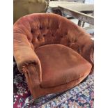 A Victorian tub framed armchair upholstered in buttoned fabric, width 82cm, depth 74cm, height 70cm