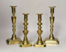 Two pairs of Victorian brass candlesticks, tallest 27cm tall
