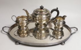 A George VI silver three-piece tea set, with engraved inscription, W.F. Mitchell, Birmingham,