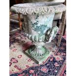 A painted reconstituted stone campana garden urn, width 53cm, height 63cm