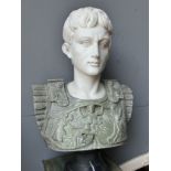 A reconstituted marble bust of a Roman emperor on painted wood plinth, total height 170cm