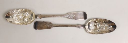 A pair of Victorian silver fiddle pattern 'berry' spoons, George Adams, London, 1850, 22.7cm, 4.