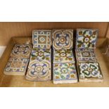 A group of eleven 17th century Spanish polychrome tiles, 8cm square, varying thicknesses
