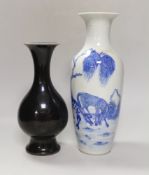 A Chinese mirror-black glazed vase, 18th century and a 19th century Chinese blue and white '
