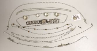 Sundry silver and white metal jewellery etc. including T-bars, necklaces, rings and a large curb