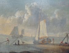 Follower of Thomas Luny (1759-1837), oil on wooden panel, Fisherfolk along the shore, 18.5 x 23.5cm