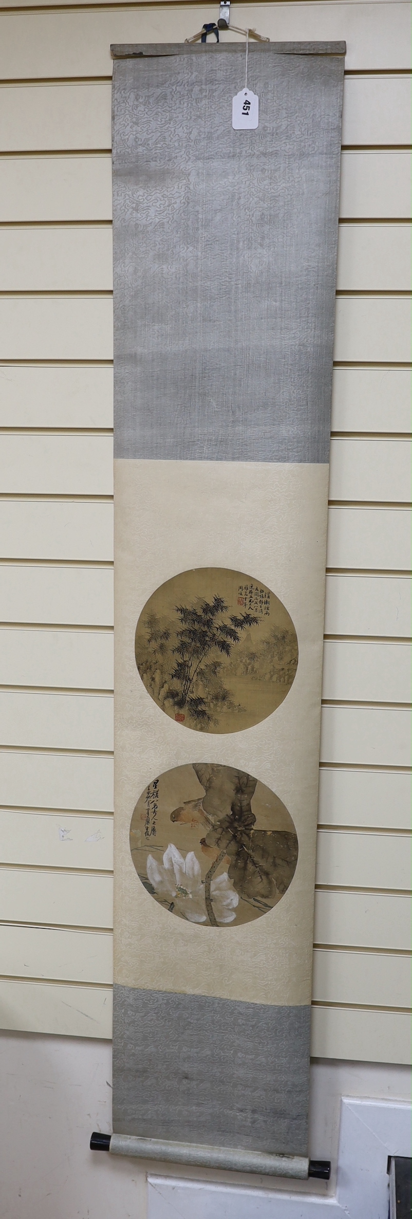 Two Chinese painted and inscribed fan panels on silk, late Qing dynasty, mounted on a scroll, panels - Image 4 of 4