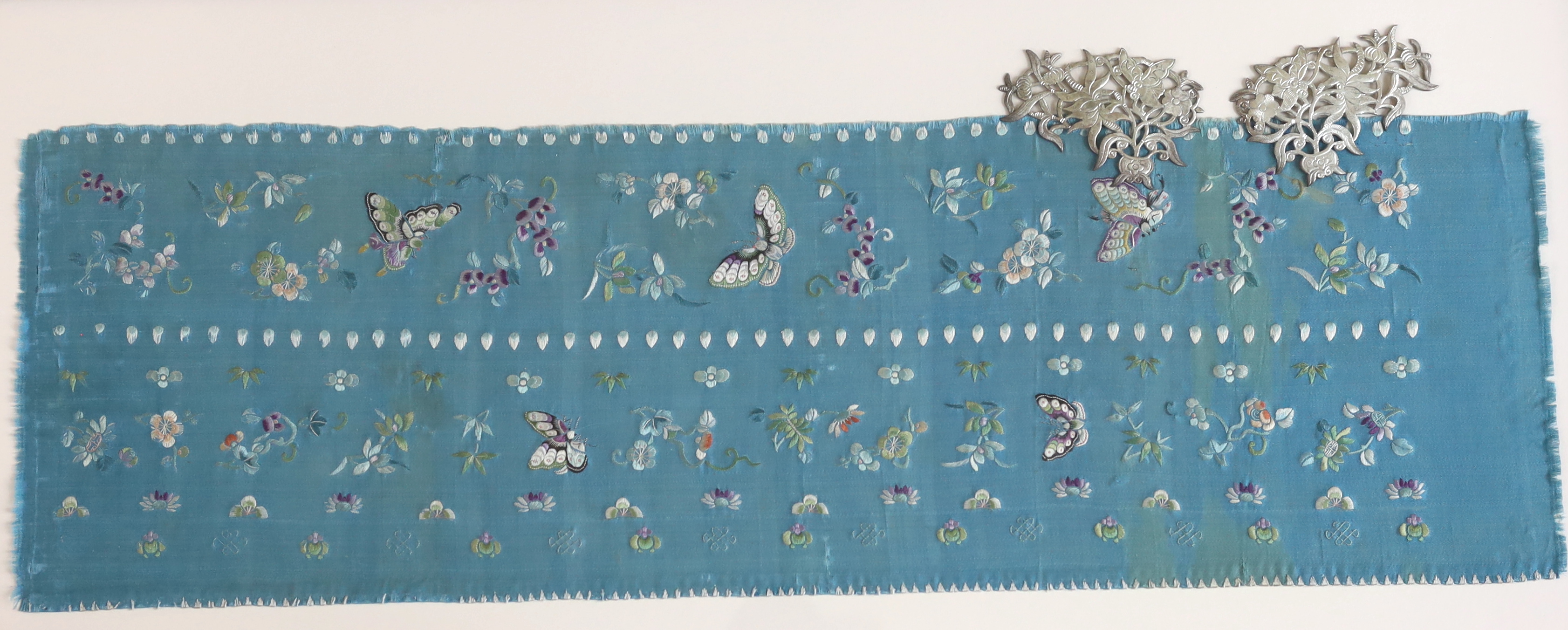 A pair of late 19th century Chinese blue silk multi-coloured embroidered panels, possibly a pair - Image 3 of 3