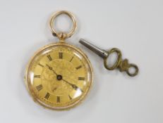 An early 20th century 18k and enamelled open face keywind fob watch, with Roman dial and decorated