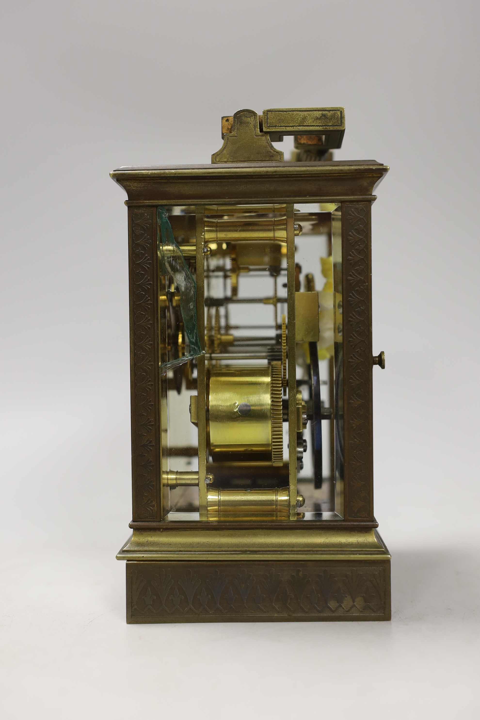 A French repeating brass carriage clock, retailed by Hanhart Calcutta, 16cm - Image 2 of 3