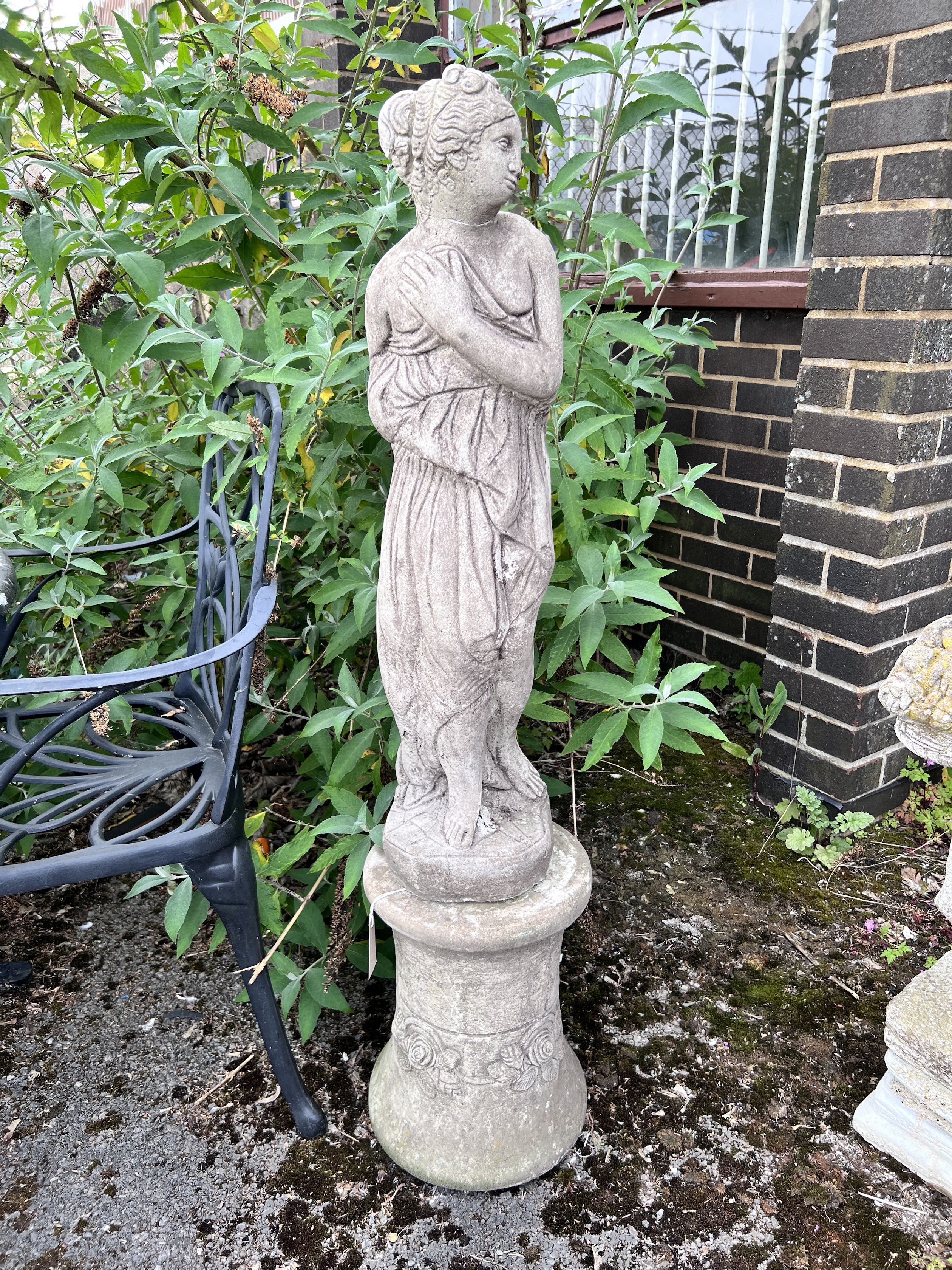 A reconstituted stone classical garden figure of a girl, on pedestal base, height 121cm - Image 2 of 3