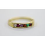 A modern 18ct gold and gem set half hoop 'Regard' ring, size L/M, gross weight 2.7 grams.