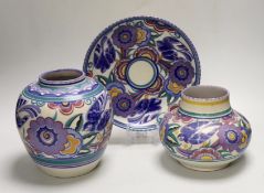 Carter, Stabler & Adams/Poole bluebird design - two vases and a dish (3)