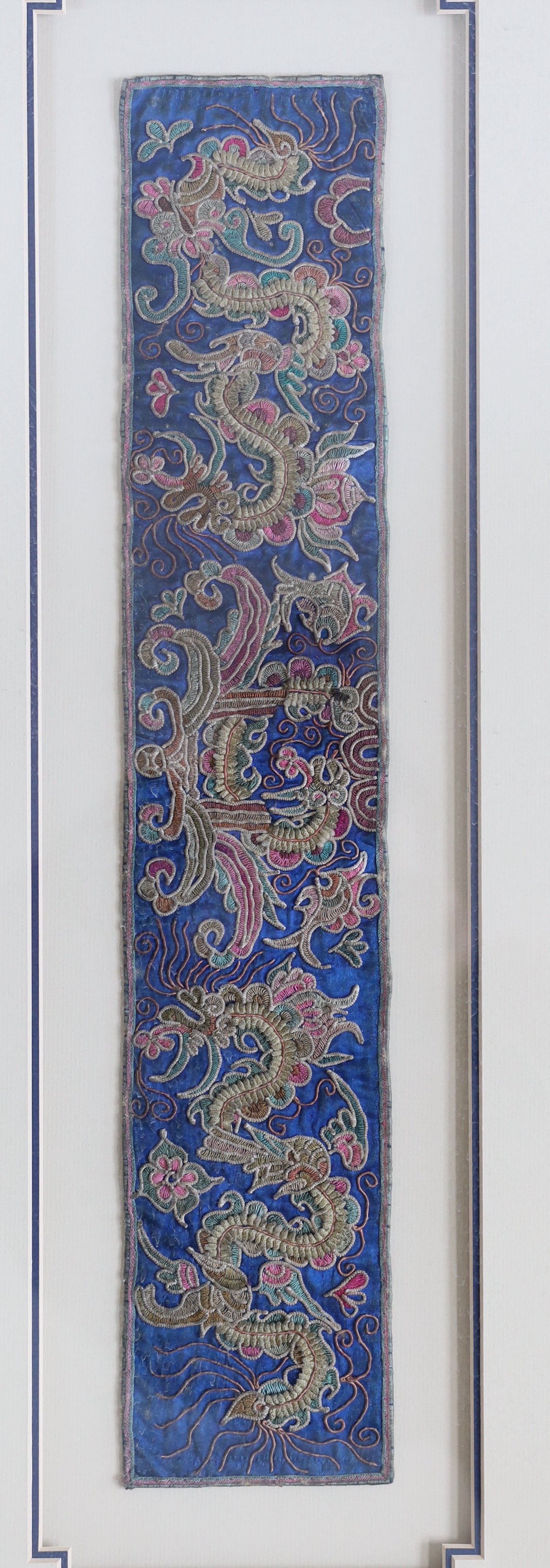 Two 19th century Chinese sleeve bands, embroidered in rich polychromes silks, designed with - Image 2 of 3