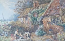 After Myles Birkett Foster (1825-1899), watercolour, Figures beside a cottage, bears monogram, 29