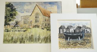 Robert Tavener (1920-2004), two watercolours and a print, 'View of a church', 'Coastal scene' and '