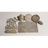 Silver and white metal items including a Swedish monogram appliqué, a Victorian silver butter dish