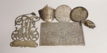 Silver and white metal items including a Swedish monogram appliqué, a Victorian silver butter dish