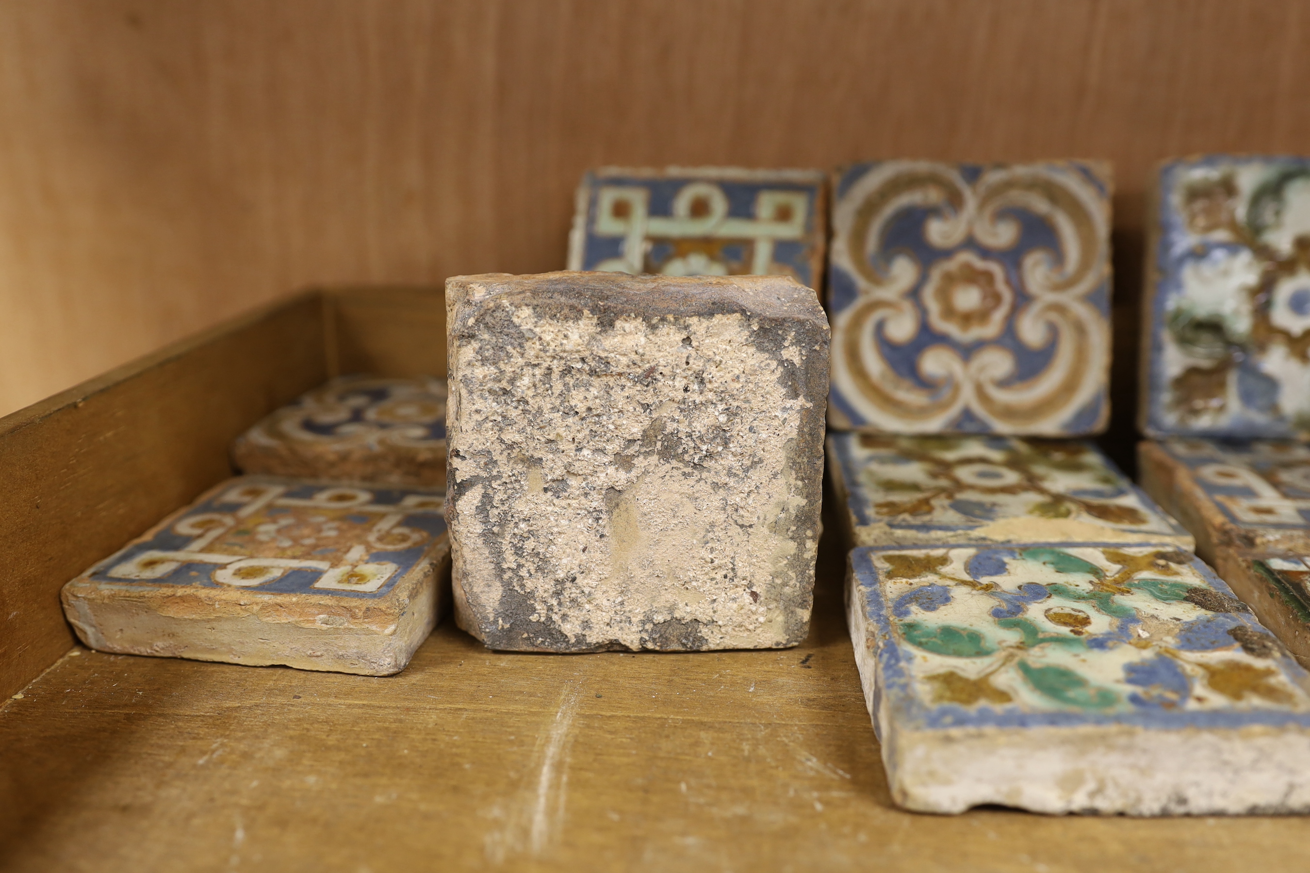 A group of eleven 17th century Spanish polychrome tiles, 8cm square, varying thicknesses - Image 2 of 2