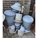 A quantity of galvanised bins, watering cans, feeder etc