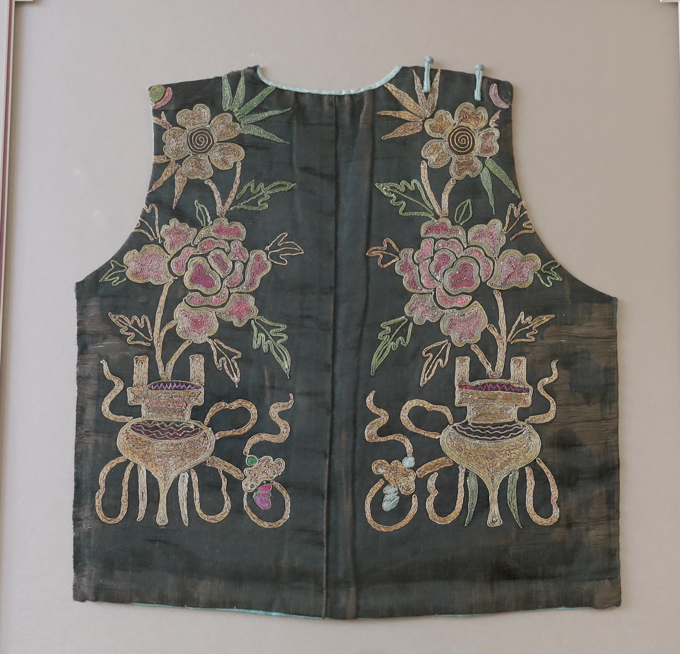 A late 19th century Chinese silk, multi-coloured metallic embroidered child's tabard front, together - Image 3 of 3