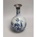 An 18th century English delft bottle vase with silver collar, 23cm