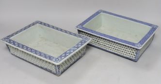 Two 19th century Chinese blue and white double walled planters, 24cm wide, 16cms deep