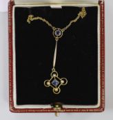 An Edwardian yellow metal, sapphire? and seed pearl set drop pendant necklace, pendant 43mm, chain
