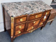 A French transitional style gilt metal mounted marble top kingwood commode, width 118cm, depth 52cm,