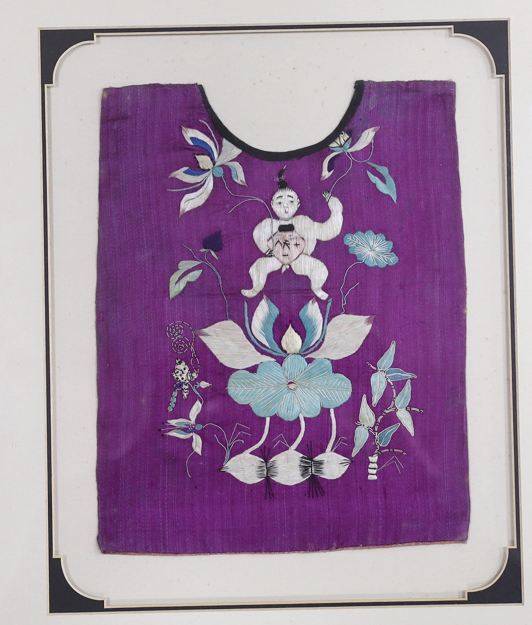 Three early 20th century Chinese framed embroideries: two purple baby’s bibs embroidered with - Image 2 of 6