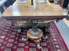 An early Victorian rosewood folding tea table, width 91cm, depth 45cm, height 75cm