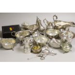 A mixed collection of small silver and plated items to include five various sauceboats, a cased pair