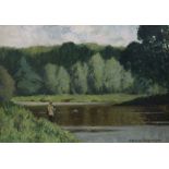 § § Norman Wilkinson (British, 1878-1971), oil on canvas, Angler beside a river, 34 x 49cm