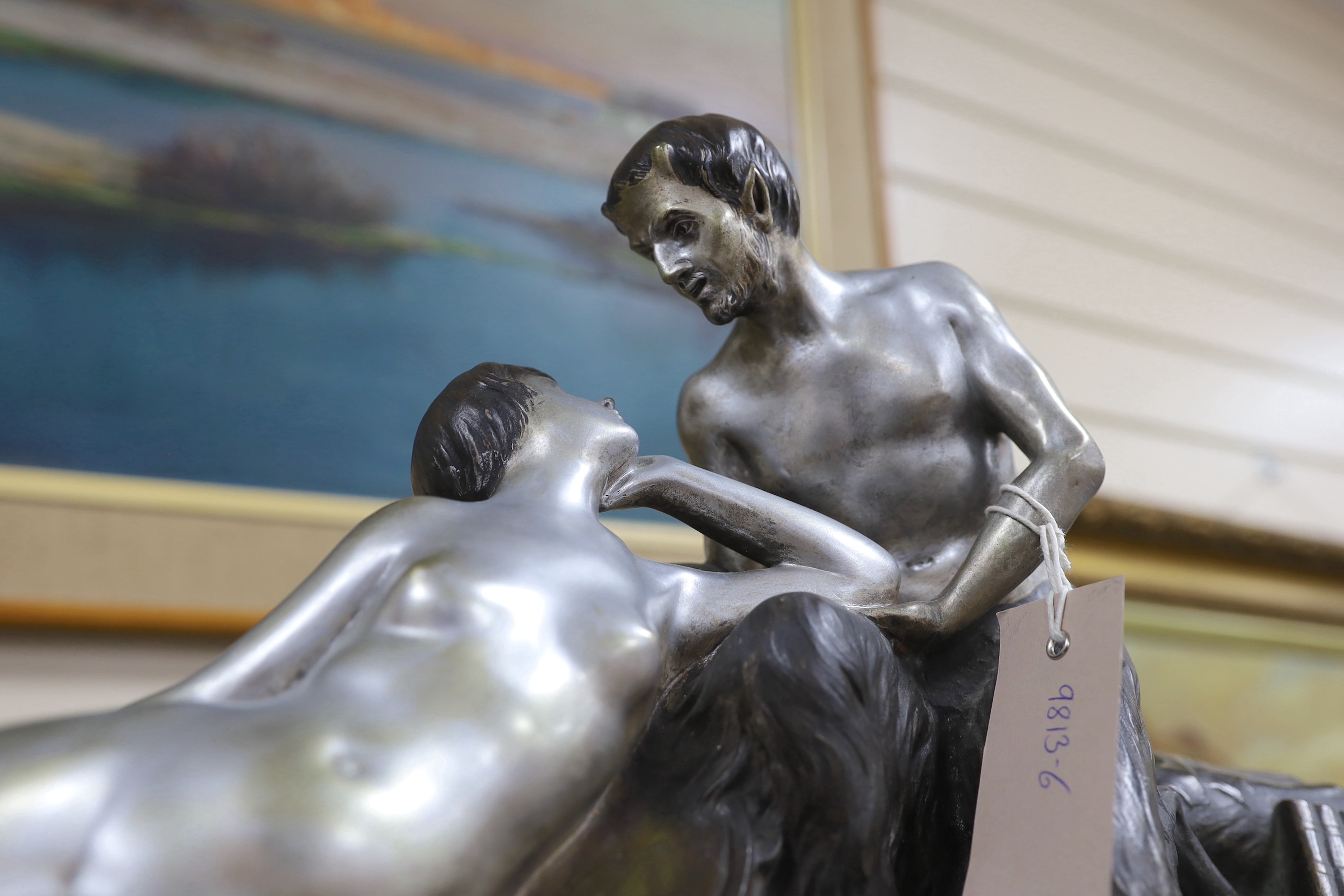 An Art Deco style bronze of a faun and his muse, signed H. Fonquergne, on marble base, 57cm - Image 2 of 3