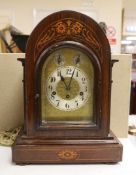 An Edwardian marquetry and inlaid chiming mantel clock, 45cm